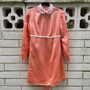 Vintage 1960s Peach Satin Dress: Beaded Waist, Lace Collar